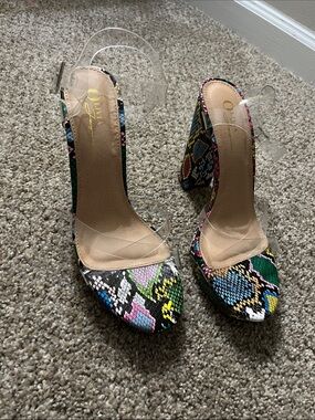 Qupid Multicolor Snake-Print Block Heel Sandals with Clear Straps
